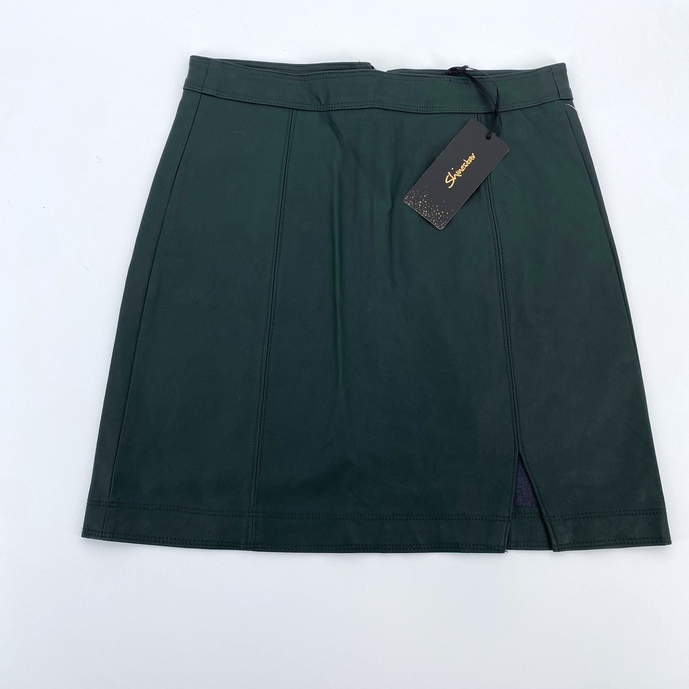 Vegan Leather Forest Green Size S Mini Skirt Side Slit Moto A-line skater grunge